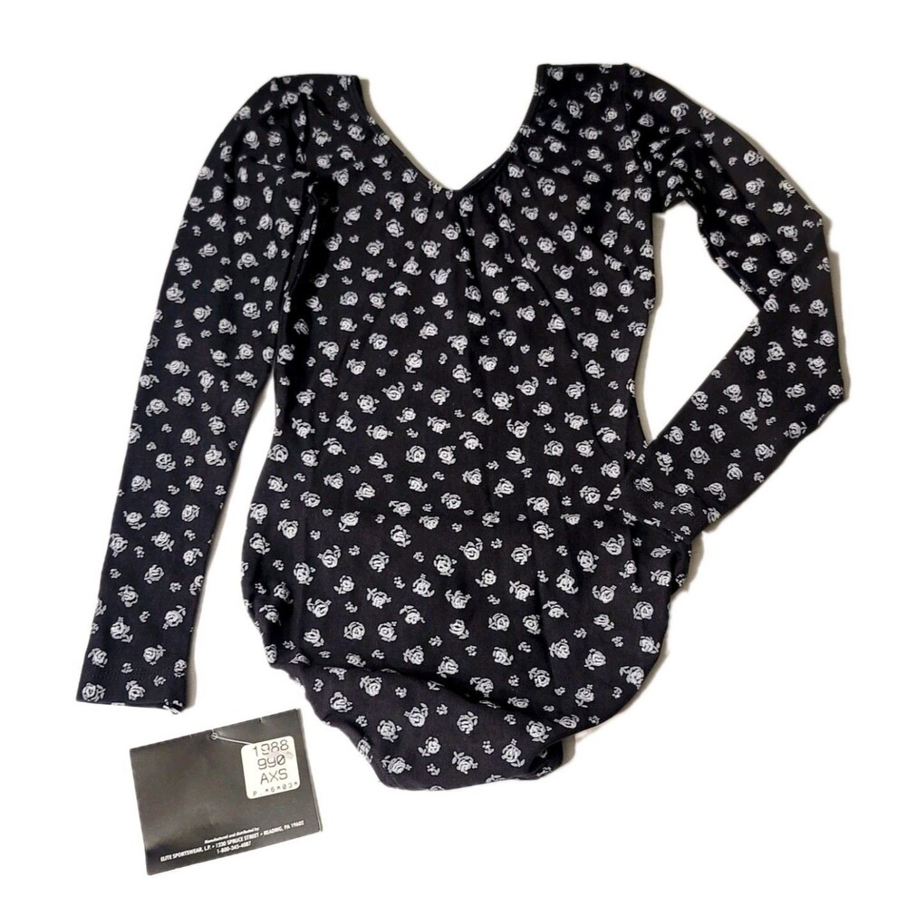 GK Elite VTG Black White Rose Cotton Leotard Bodysuit LS Stretch AXS Adult XS - Picture 5 of 9